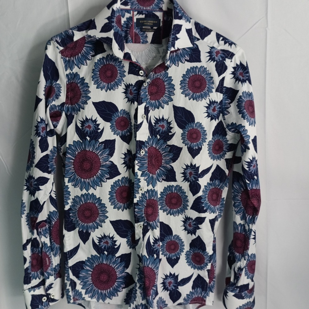 Guide London Premium Mens Medium Floral Sunflower Cotton Stretch Button Up Shirt